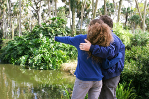 Couple looking at a pond and trees