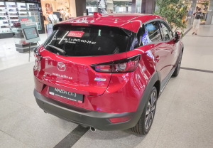 Rear view of a red Mazda CX-3
